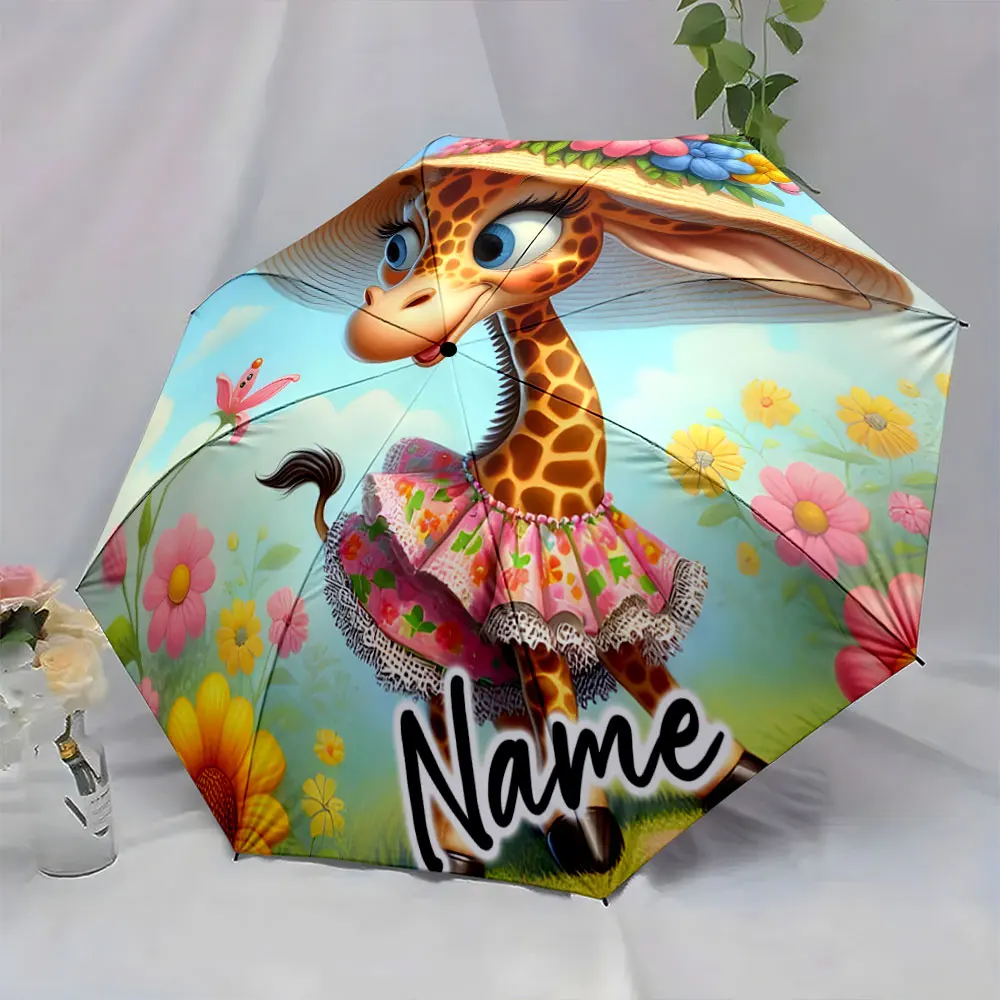 Custom Name Cheerful Giraffe with Floral Hat on Vibrant Umbrella Design 8 Iron Ribs Folding Umbrella Auto-Open Fashion Sunshade