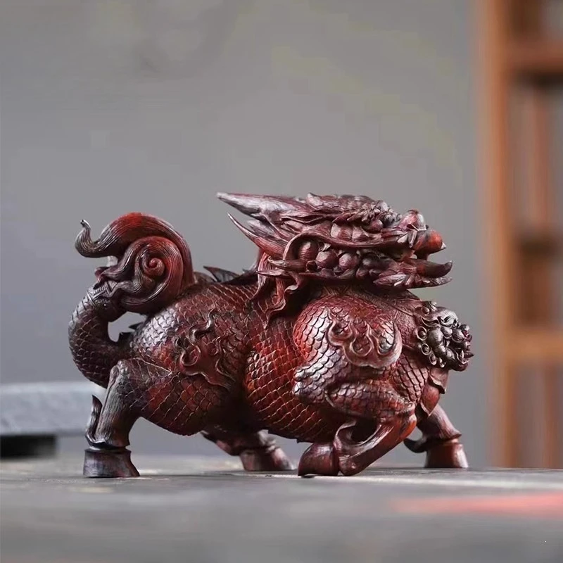 Red sandalwood carving mythical beast unicorn study tea table living room entrance ornament