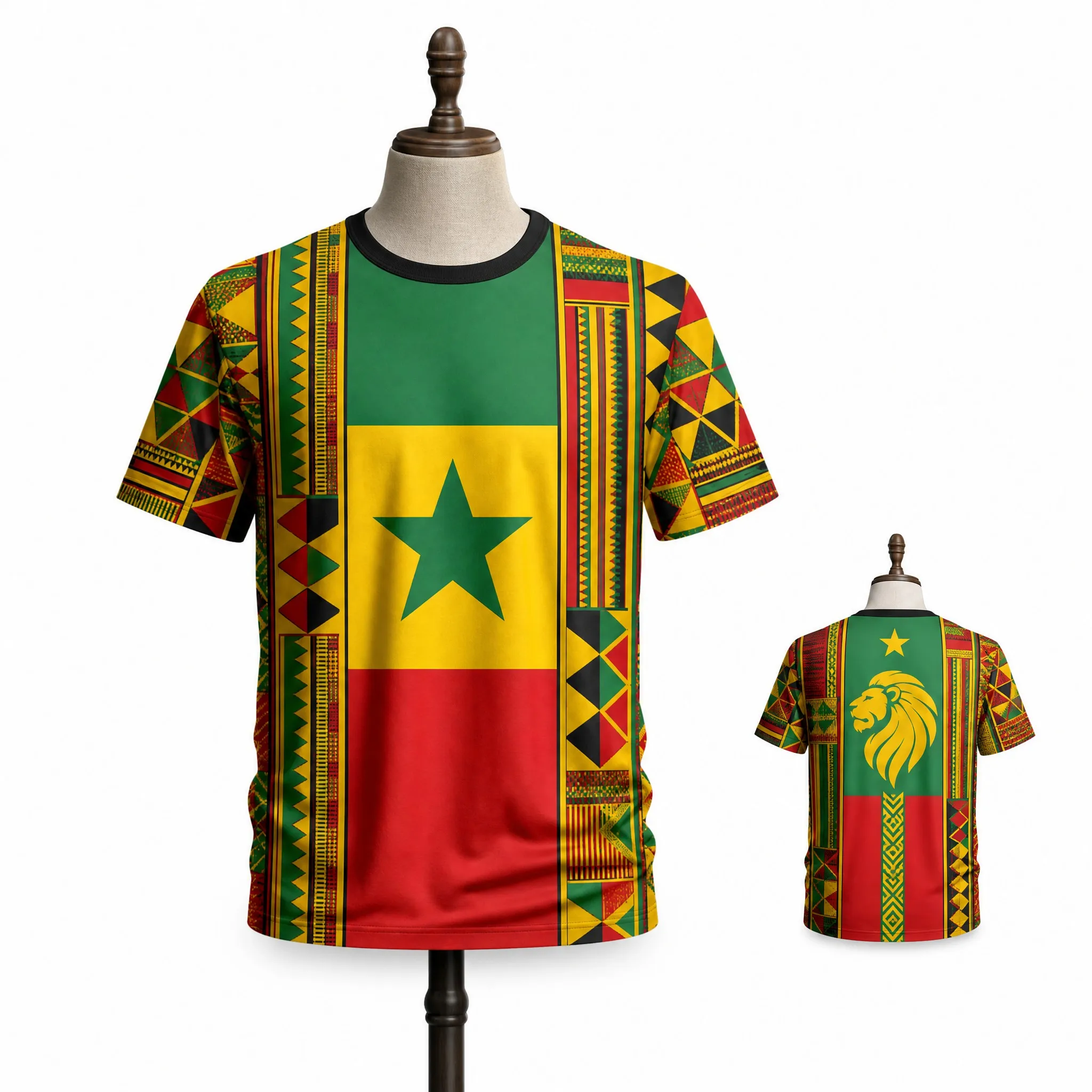 Senegal Mens Flag Lion Graphic Tee Tribal Sleeve Short Sleeve Fan Shirt Street Stadium Casual Heritage Pride Top Outdoor Fanwear