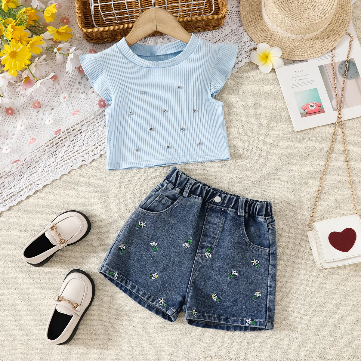 2pcs Girls Denim Shorts Sets Solid Flying Sleeve Beading Pullover T-shirt+Embroidery High Waist Denim Shorts 3-6Y Children Suits