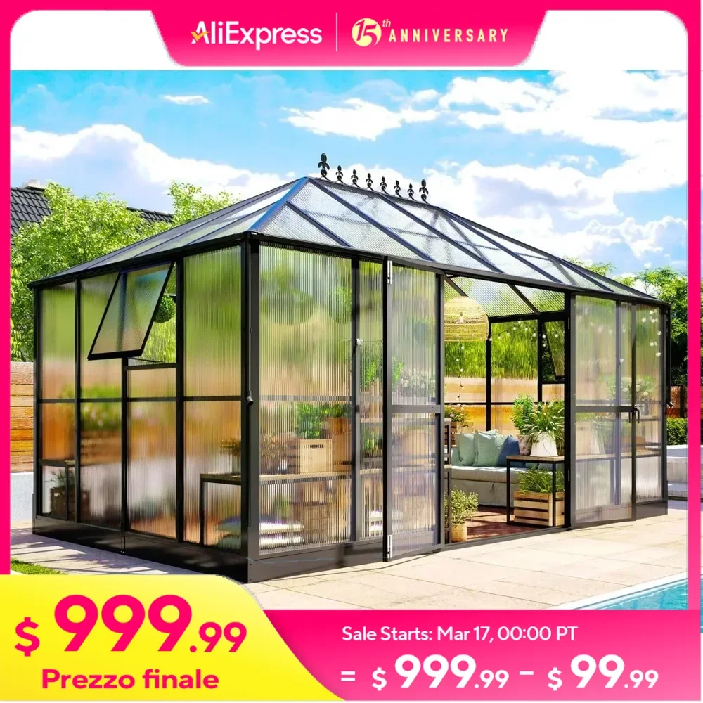 14x9.5x9 FT Greenhouse with 2 Ventilation and Rain Gutter, 6 FT Wall Height, Double Doors with Hook, Polycarbonate Greenhouse