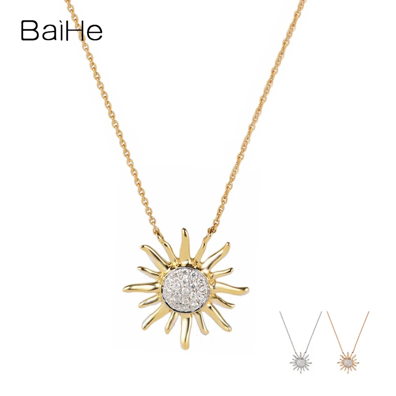 BAIHE Solid 18K Yellow Gold 0.10ct H/SI Natural Diamond Sun Flower Necklace Women Wedding Fine Jewelry サンフラワーネックレス kaulakoru