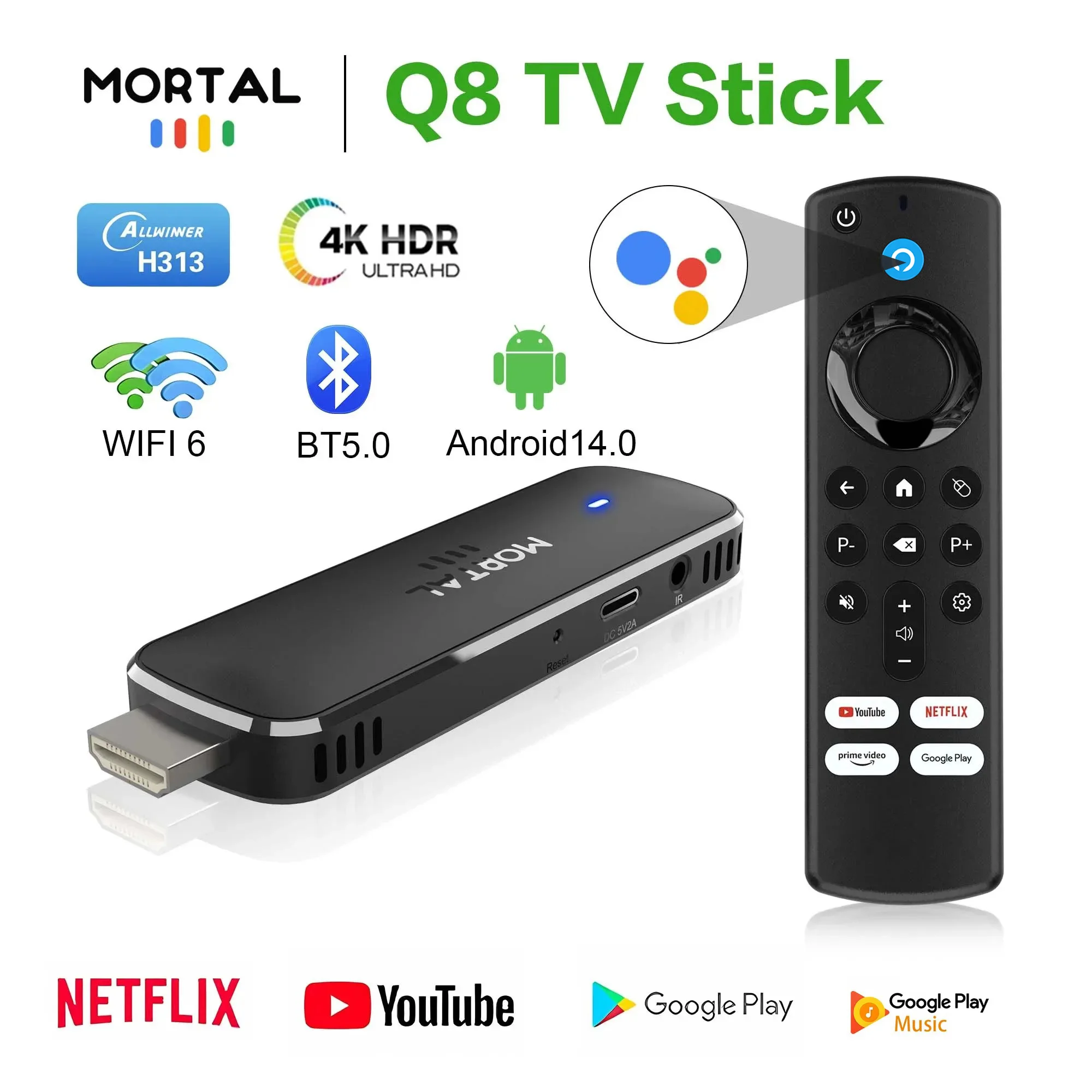 Mortal q8 android14 Smart TV stick Championship h313 Google juega tiktok dual 2.4 / 5G WiFi bt5.0 4k SMART Electronics decoder stick