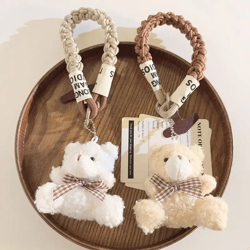 Cute White Bow Plush Bear Pendant Mobile Phone Lanyard Twist Thickened Short Wrist Strap Lanyard Bag Accessories Universal