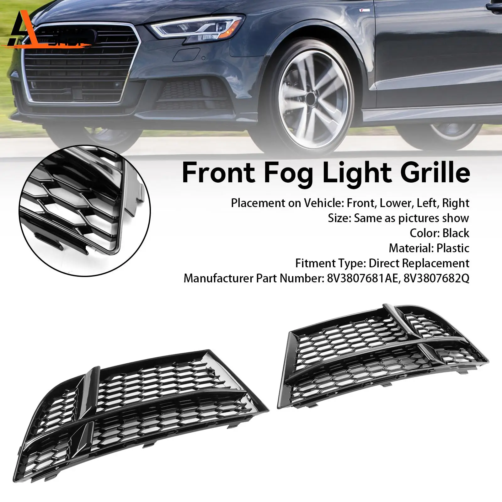 Areyourshop Front Fog Light Cover Bezel Grille Grill for AUDI A3 8V S-LINE 2017 2018 2019 8V3807681AE 8V3807682Q Sline