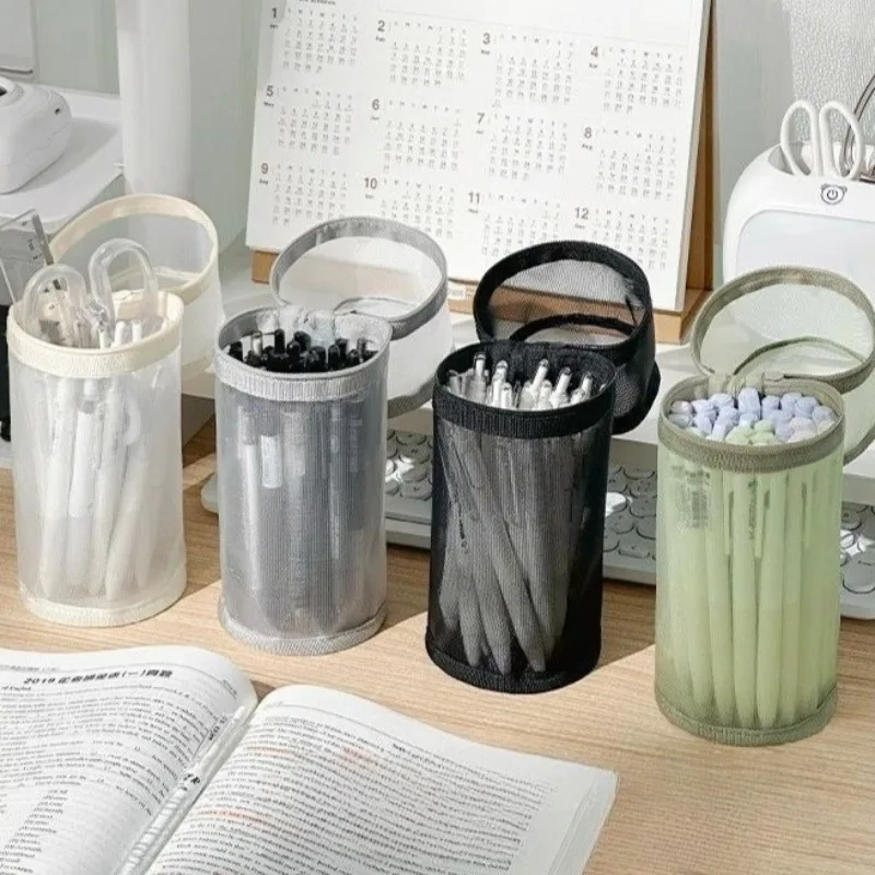 Clear Mesh Pencil Bag Cylindrical Shape Stationery Pens Holder Case Nylon Nets Portable Makeup Brush Organizer Packing Bag