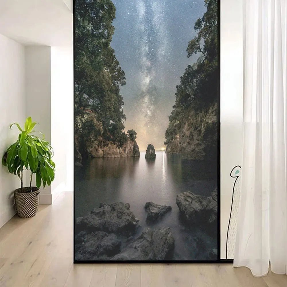 Privacy Window Film Water Night Sky Pattern Frosted Glass Door Flim Sun Blocking No Glue Static Cling Glass Window Sticker