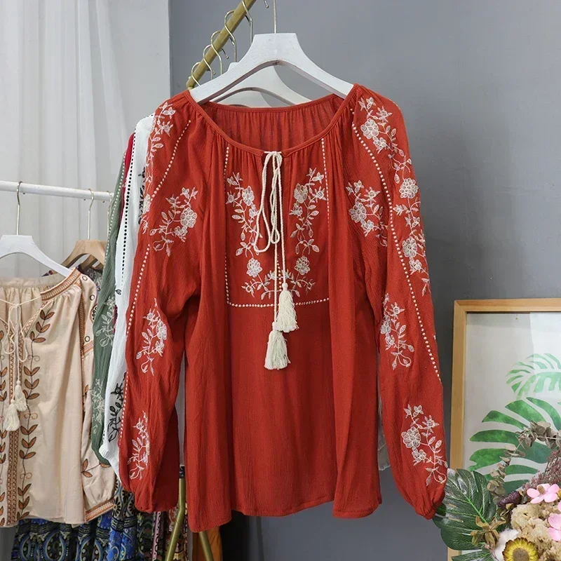 

Блузка на шнуровке с круглым вырезом в этническом стиле, женские топы с вышивкой Y2k, женские повседневные блузки с рукавами-фонариками, Blusas De Mujer, дропшиппинг