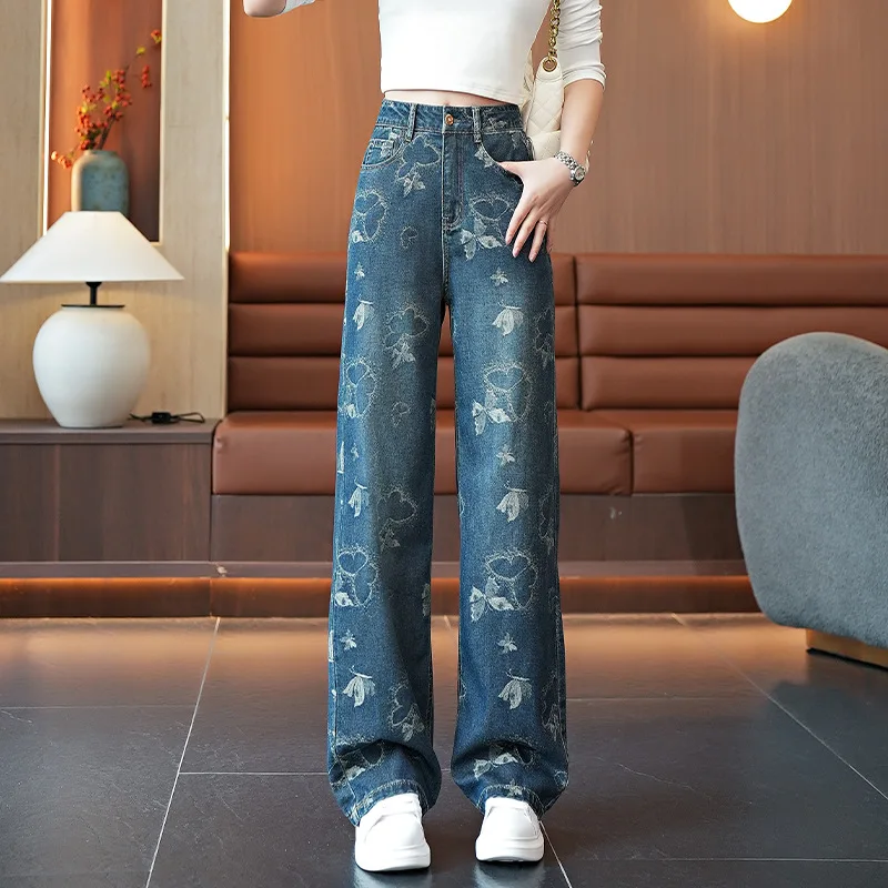 Damskie spodnie jeansowe z wysokim stanem i szerokimi nogawkami, jesienne, nowy amerykański styl, wąskie szerokie nogawki, żakardowe spodnie jeansowe w motyle, proste spodnie dżinsowe.