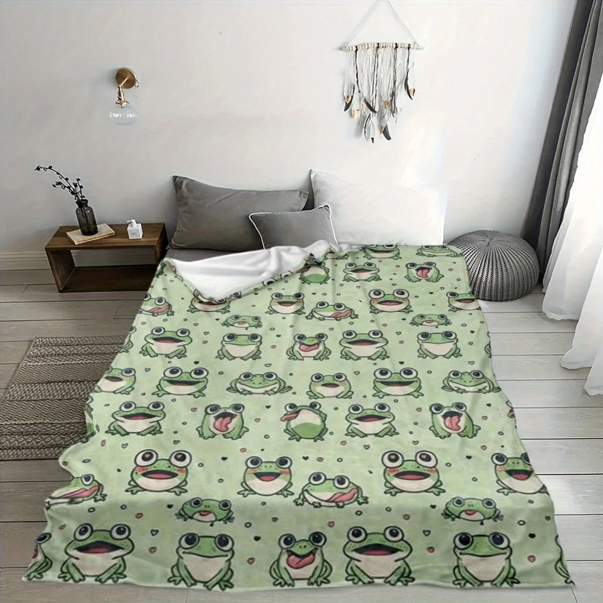 Lindo manta estampada de franela con estampado de rana verde adecuada para todas las estaciones adecuada para sala de estar