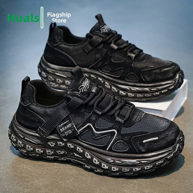 Men's Summer Sporty Casual Running Shoes Breathable Versatile Thick Tire Sole Black Dad Shoes Fashionable Korean Style
