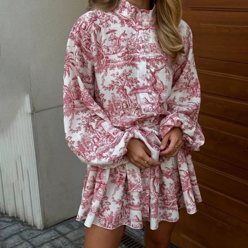 

Vintage Printed Lace-Up Shirt Mini Dress Ruffled Pleated Long Sleeve High Street Vestidos New Women's Bohemia Short Dresses Y2k