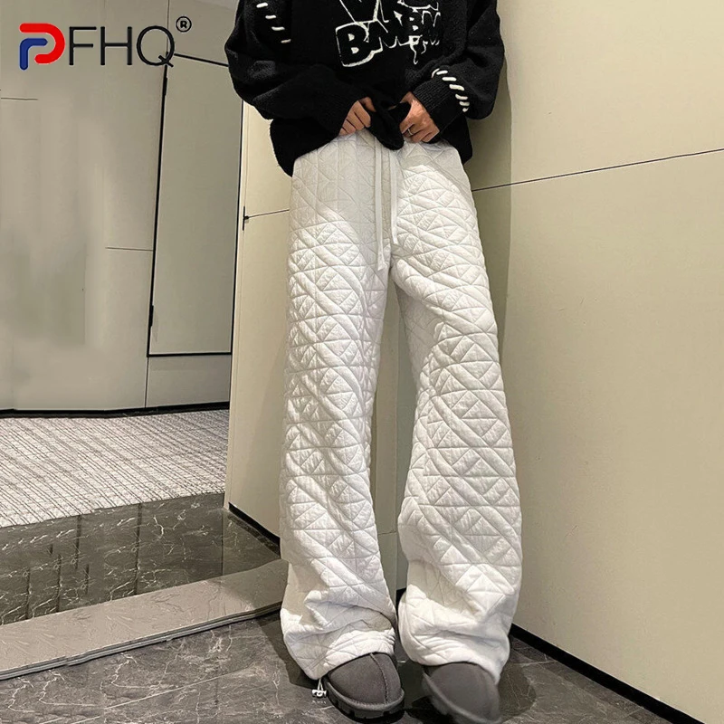 PFHQ Winter Men's Pants Irregular Diamond Grid Solid Color Drawtring Loose Straight Wide Leg Loose Male Trousers New 21Z8112