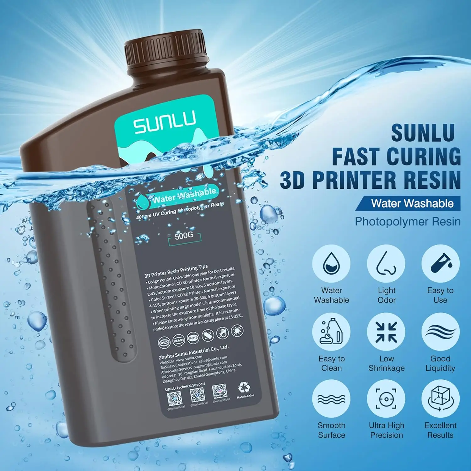 SUNLU 1KG ABS-Like/ Standard / Water-Wash 3D Resin 405nm UV Resin For most SLA/DLP/LCD 3D Printer Material UV Sensitive 1kg