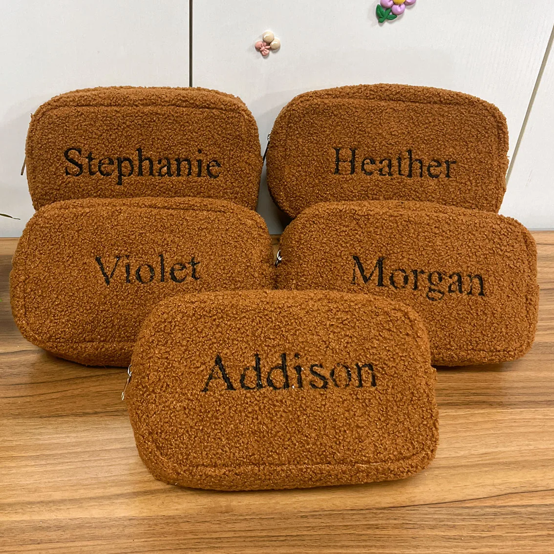 Personalized Embroidered Teddy Fur Pouch Teddy Makeup Bag Custom Name Travel Pouch Toiletry Bag Women Accessories for Women