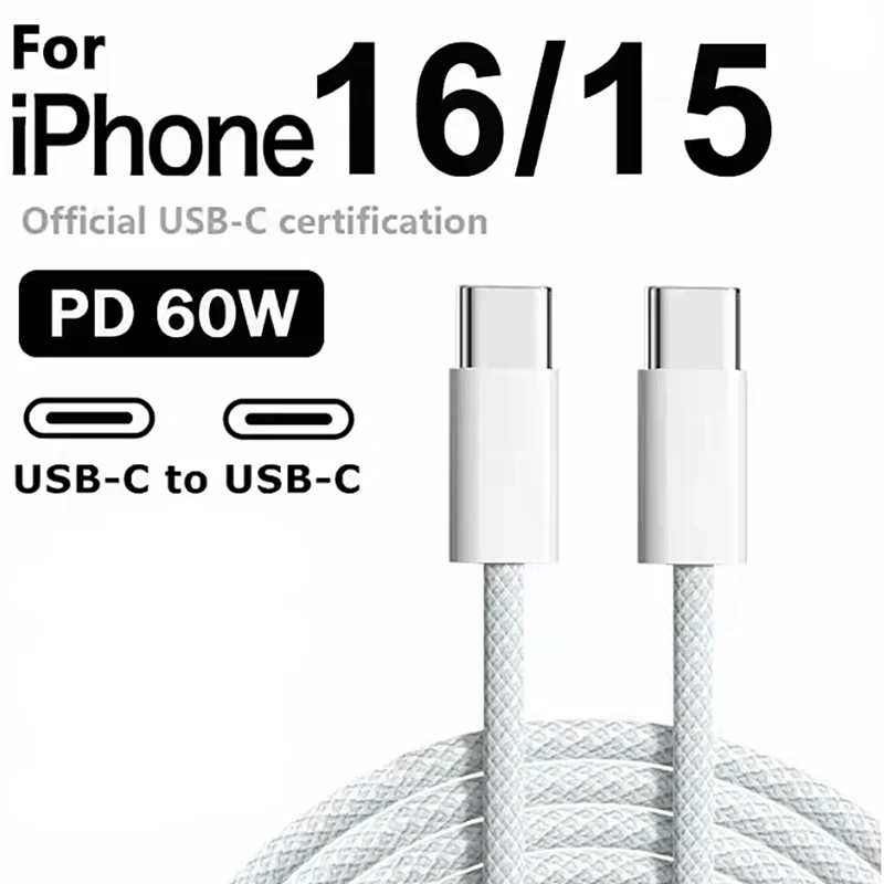 

Usb C to Type C Fast Charging PD 60W Mobile Phone Date Cable For Iphone15 16 Android Samsung Huawei Type C Braided Charger Cable