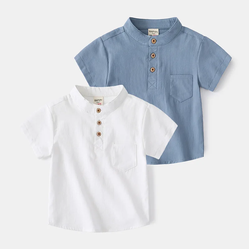 2024 Summer Kids Short Sleeve Loose Shirt Boys' Solid Color Stand Collar Casual Cotton Top, Available for Ages 3-8, 2 Colors