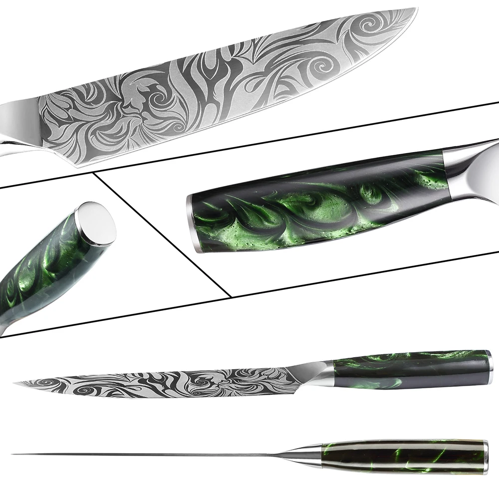 XITUO 1-10Pcs Luxury Chef Knife Set Ultra Sharp Kitchen Santoku Boning Knives Series Damascus Pattern Knife Green Resin Handle