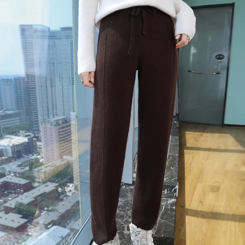 

100% mink cashmere fall and winter new women's leg pants draw rope waist fashion loose warm knit casual straight leg pants