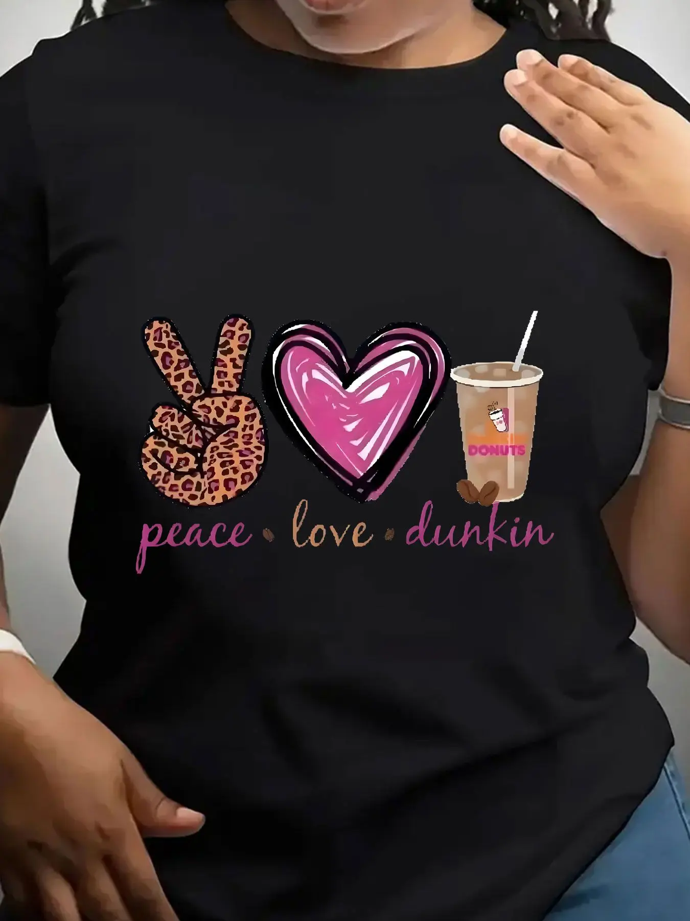 Women's Trendy Crew Neck T-Shirt Peace Love Dunkin Donuts Graphic Suitable for Casual Sportswear