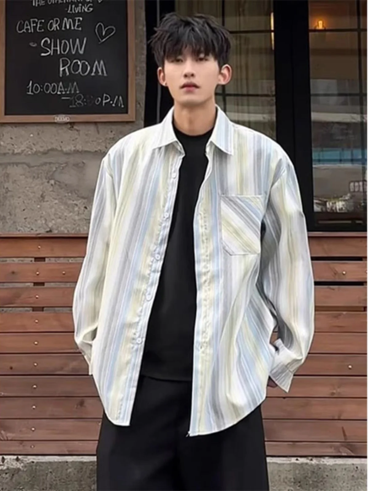 

Stripes Men's Long Sve irt Spring New Sle Japanese Retro Cleanfit Early Spring Outerwear Youth Faion Trend