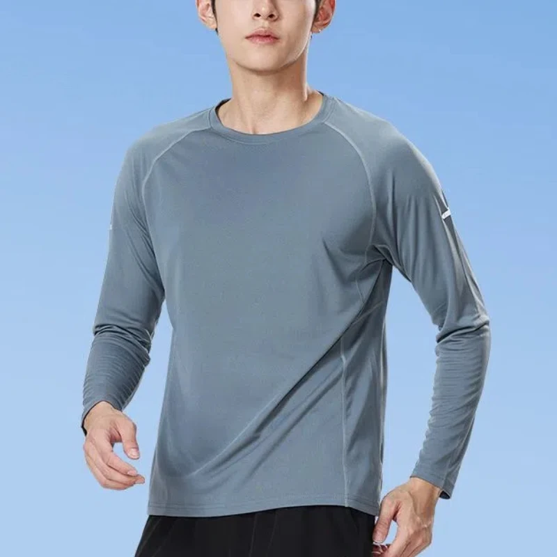 Spring Autumn Fashion Round Neck Long Sleeve T-Shirts Men's Clothing Casual Sweatshirts Quick Drying Loose Korean Ice Silk Tops