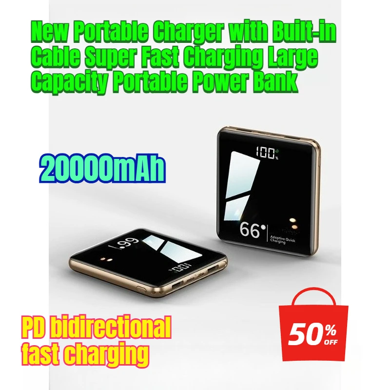 

20000mAh New Portable Charger with Built-in Cable Super Fast Charging Large Capacity Portable Power Bank