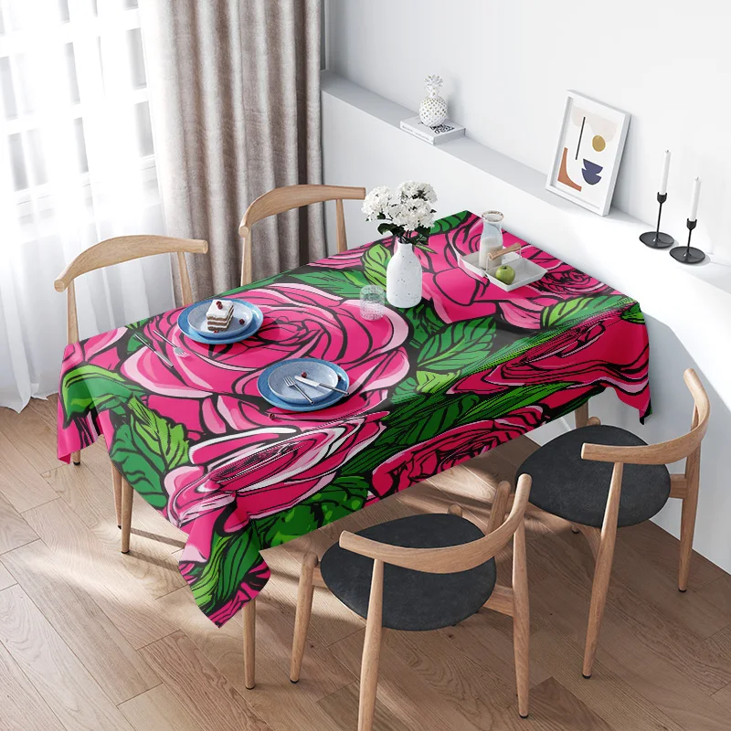 

Modern Floral Dining TableclothPink Roses with Green Accents 100% Polyester Decorative Table Linen for Home Kitchen Party Events