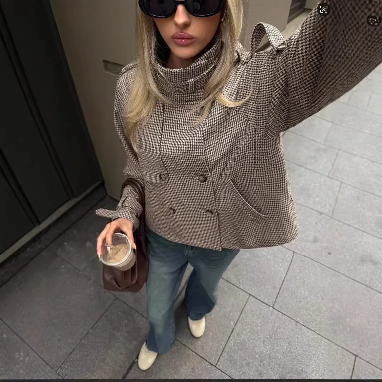 Women's loose casual thousand birds plaid coat coat European and American elegant women