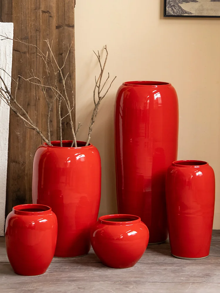 Jingdezhen red ceramic vase, Chinese modern living room, creative home, wedding decorations, ornaments, floor vase