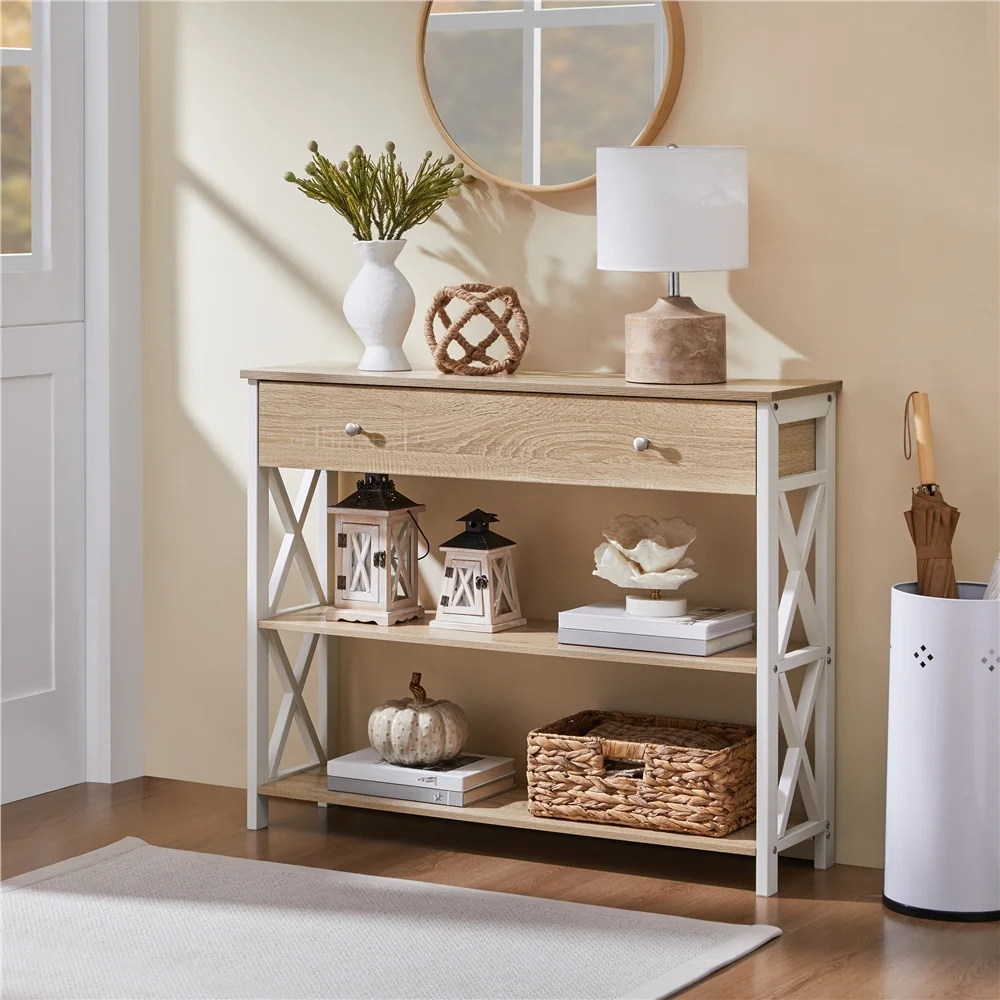 Console Table with Drawer and Storage Shelves, 3-Tier Sofa Table, Entryway Table with Metal Frame for Living Room Hallway