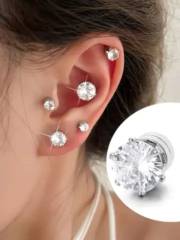 1 Pair Mens Womens Magnetic 8mm Color Cubic Zirconia Stud Earrings Steel Non-Piercing Clip On Fake Ear Piercing Jewelry