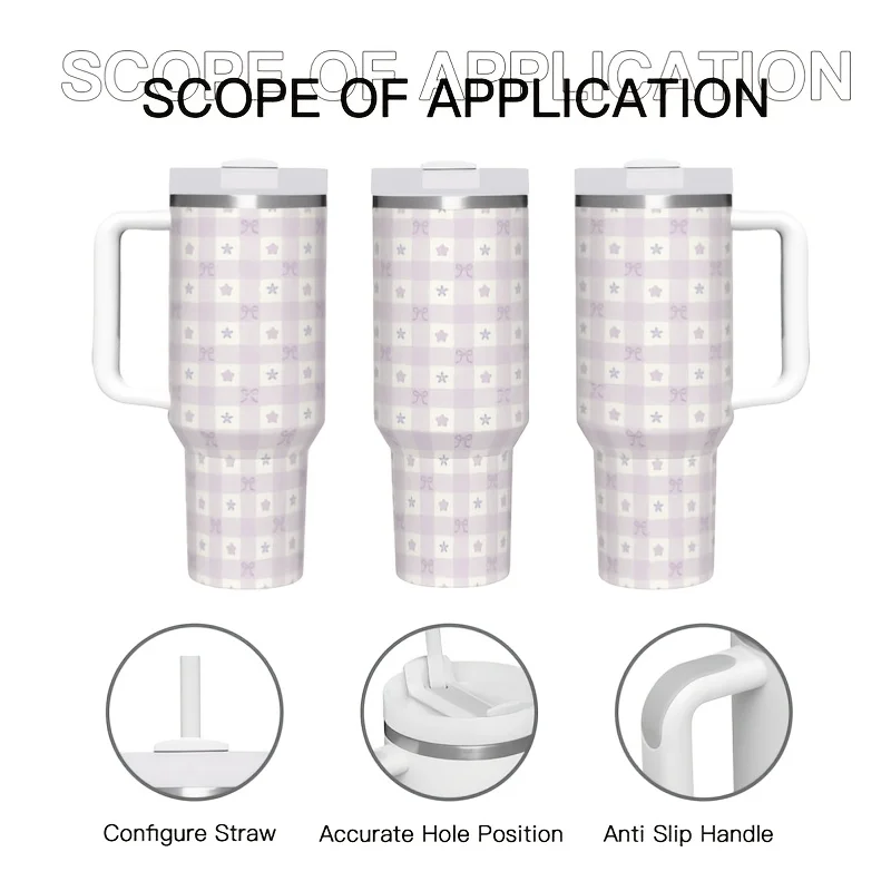 40Oz Stainless Steel Handle Insulated Tumbler, Lavender Grid Small Floral Print Leakproof Thermal Water Cup for Outdoor And Household Use