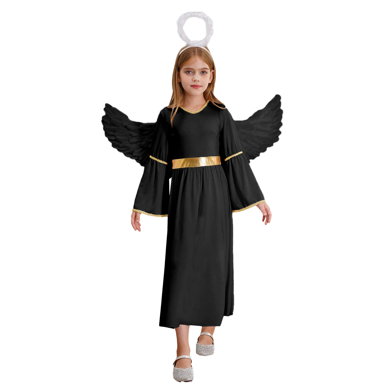 Disfraz de Ángel para niñas, Vestido de manga larga para baile, actuación, Halloween, Cosplay con diadema de plumas y alas, 3 piezas