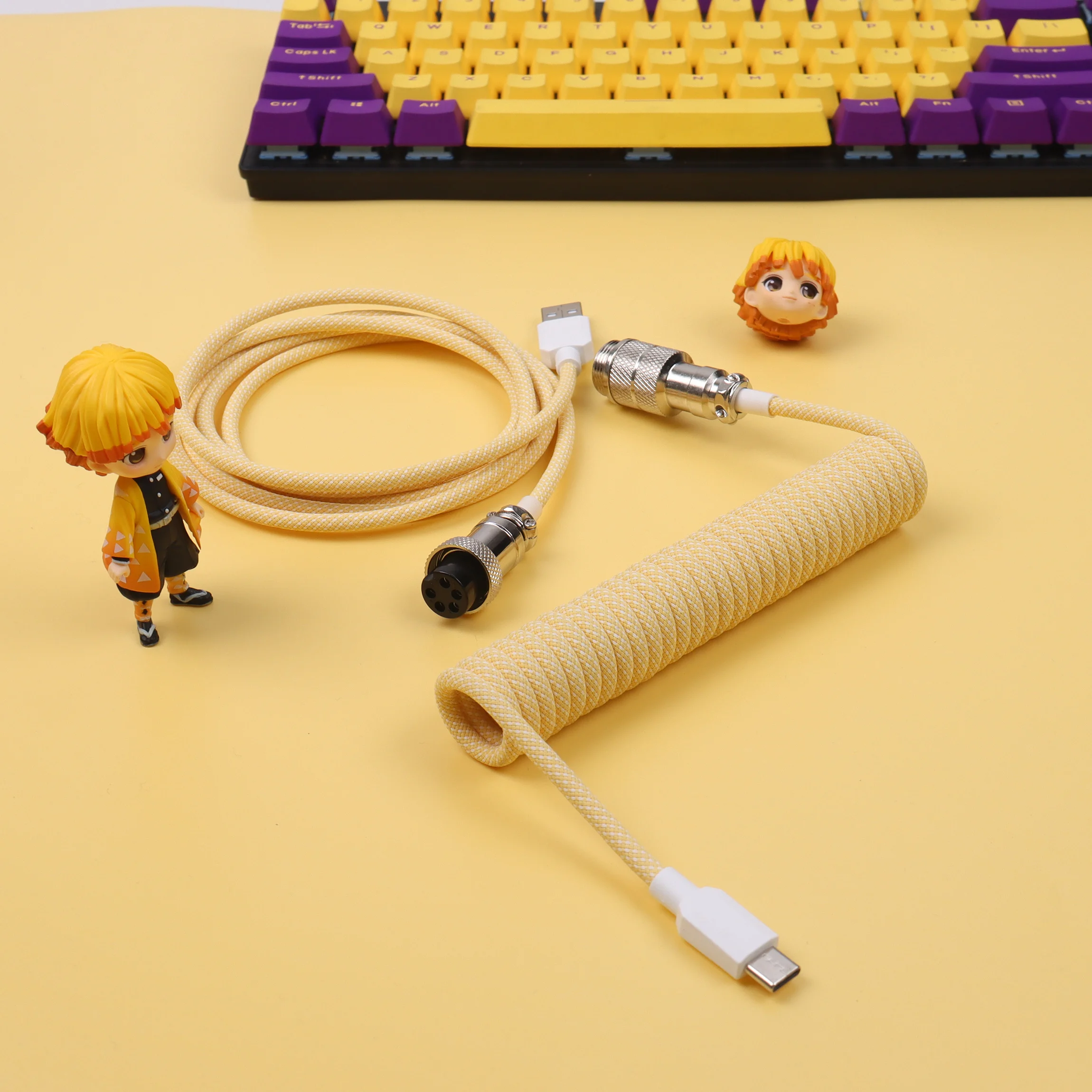 LANO 8 Colors Choices Macaron Coiled Cable Type-C to USB Mechanical Keyboard Data Coiled Cable Wire with GX16 Aviation