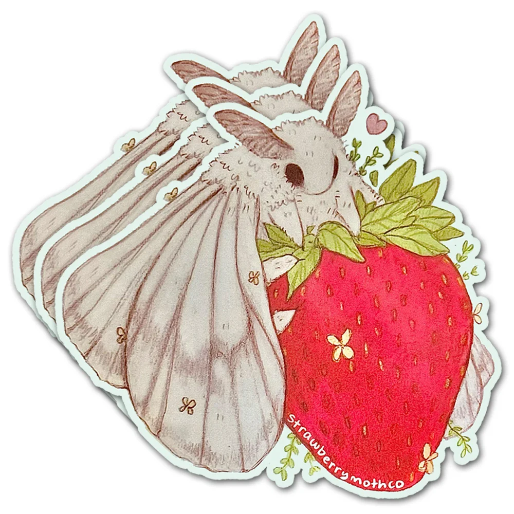 Fairycore Strawberry Moth Stickers, Hand drawn Insect Fruit Art Stickers, Used for Water Bottle Car Parts