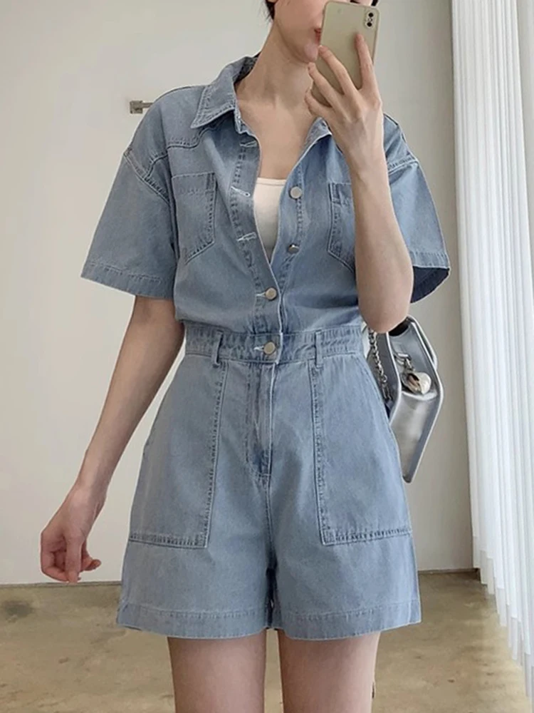 Denim Jumpsuit Voor Vrouwen Single Breasted Verzameld Taille Effen Mode Vrouwelijke Kleding Koreaanse Stijl 2024 Zomer Nieuw