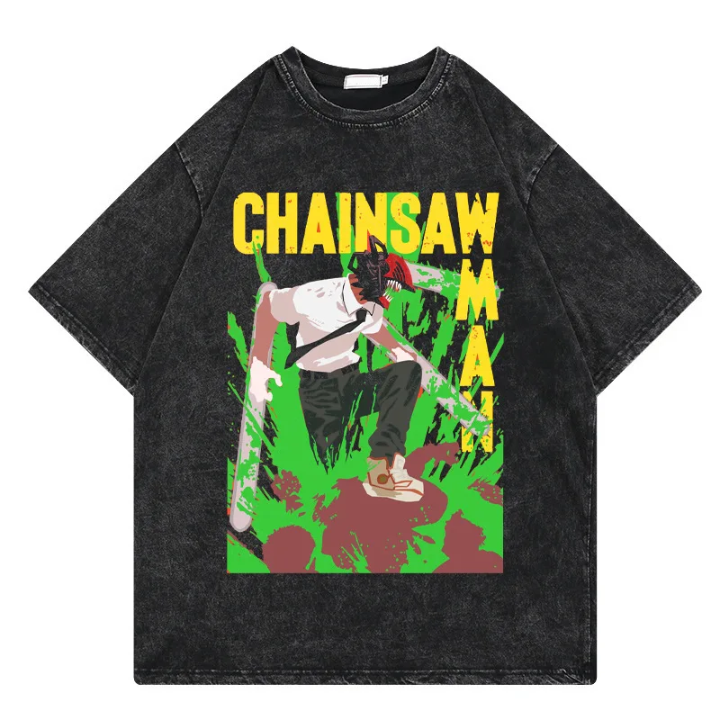 

Chainsaw Man Anime Washed TShirt Hayakawa Aki Pochita Print Tee Men Retro Casual Cotton Short Sleeve Streetwear