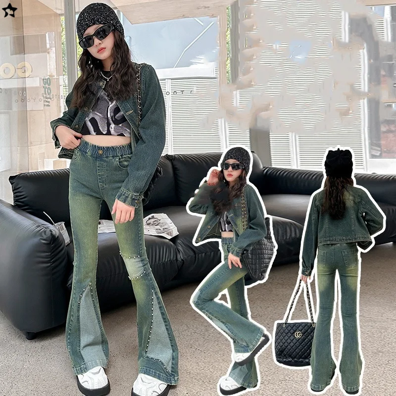 

Autumn Children Girl 2pcs Denim Set Round Neck Single-breasted Coat+Elastic Waist Bootcut Jean Kids Girls Suit 4-14Y Girl Outfit