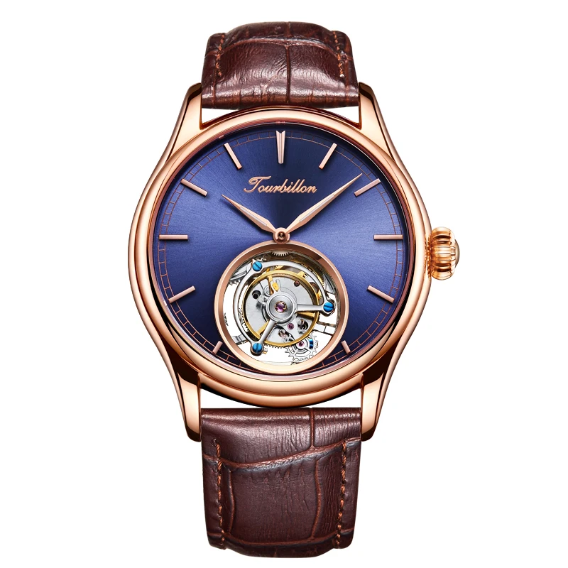 AESOP（manual7005G）Men Tourbillon Watch Rose Gold Classic Dial, Skeleton Mechanical, Sapphire Mirror, Genuine Leather Strap
