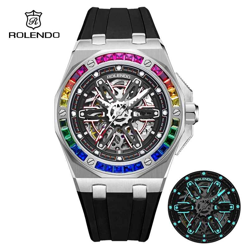

Роскошные автоматические часы ROLENDO с бриллиантовым набором для мужчин с радужным безелем, 43 мм, силиконовый ремешок с сапфировым стеклом, крутые водонепроницаемые часы