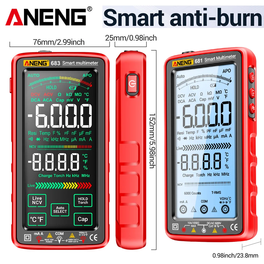 Aneng-multímetro Recarregável Anti-burn Inteligente Testador Elétrico sem Contato Screen Display Alcance Automático Ferramenta Multímetro 681 682 683
