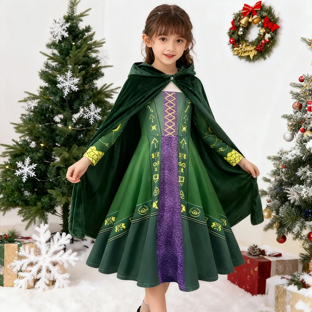 

Christmas Costume Movie Crazy Witch Green Dress+Cloak+Bag 3Pcs Sets For Children Xmas Princess Dress Halloween Cosplay Outfits