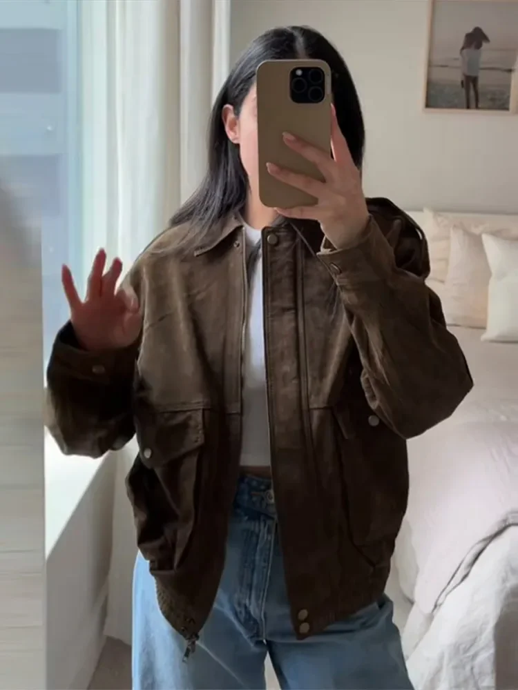 

Brown Suede Jacket For Women Fashion Lapel Zipper Long Sleeve Pockets Motorcycle Bomber Coat New Spring Lady Loose Outwears