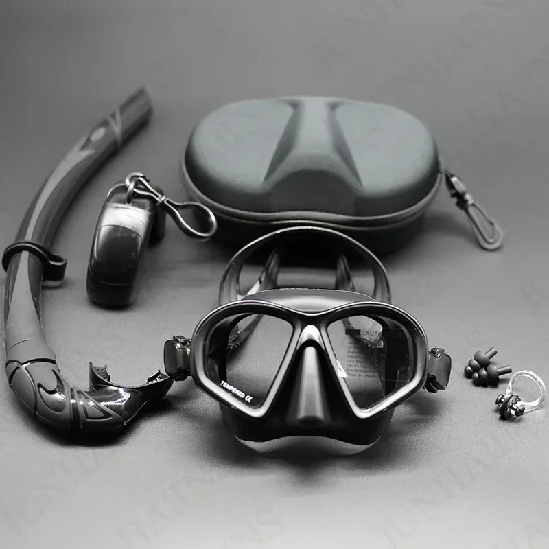JUNHAIINS Máscara de apnea de vidrio templado Juego de snorkel Snorkel plegable Máscara de buceo tipo J con soporte para cámara