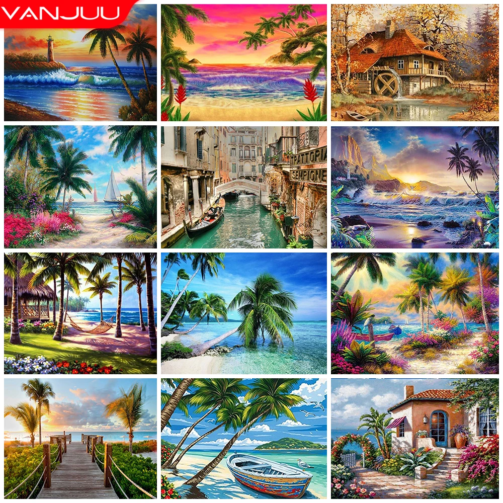 Diamond Painting Seaside Resort Scenery Diamond Embroidery DIY House Trees Rhinestone Picture Handmade Home Decor Gift