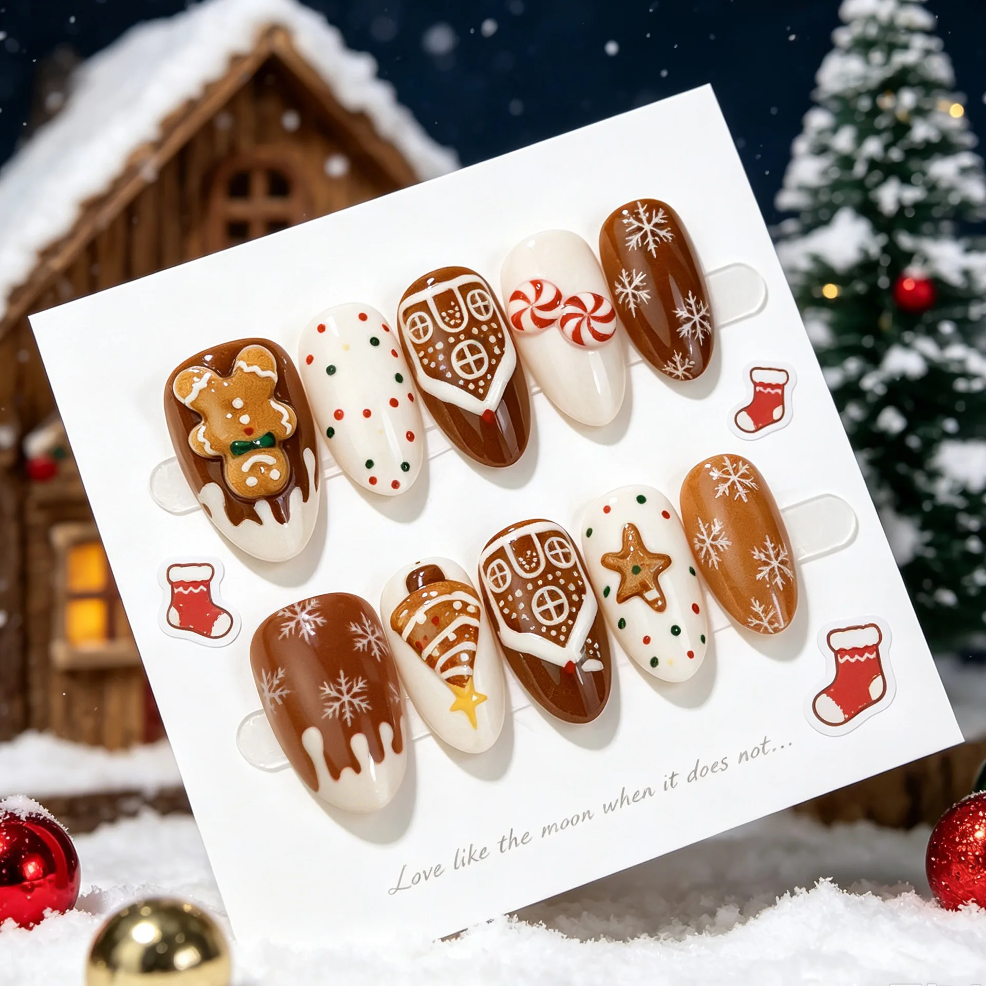 Christmas Trendy Almond Shaped Nail Tips with Beautiful Christmas Tree And Snowflake Design French Style Wearable False Nails 6