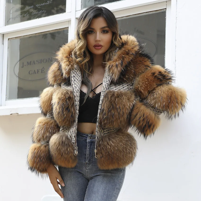 JANEFUR Women's Fur Coat Natural Raccoon Fur Woolen Jackets Hooded Fur Coat Fashion Luxury Warm Tweed Coats JFB2-22002 view 2