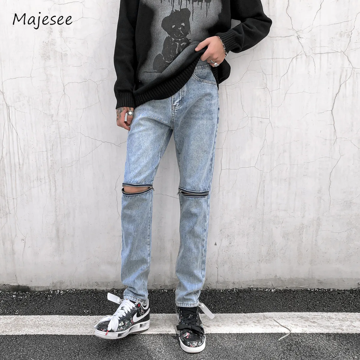 

Jeans Men Daily Simple All-match Slim Spring Autumn Zipper Design Ankle-length Solid Teenagers Youthful Popular