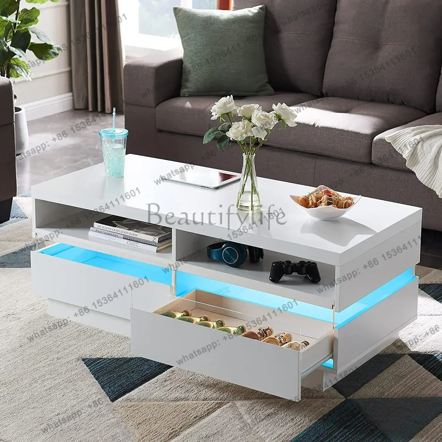 x4 New Arrivals D LED luminous coffee table, living room household wooden simple light luxur small apartment luminous coffee tab